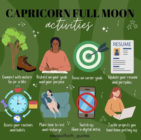 Full Moon Activities, Capricorn Full Moon, Moon Activities, Moon Ritual, Capricorn Moon, Full Moon Ritual, Digital Detox, Zodiac Posts, Leap Of Faith