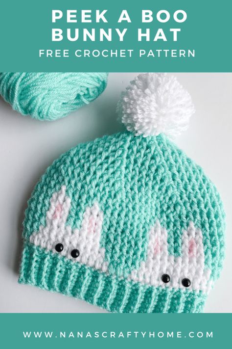 The Peek a Boo Bunny Hat is a free crochet pattern by Nana's Crafty Home! This adorable bunny hat has three different sizes provided - toddler, child & adult! Made with Front post dc stitches color work with graphs provided for each size. An adorable gift! Bunny Crochet Hat Pattern Free, Bunny Hat Crochet Pattern Free, Crochet Bunny Hat, Bunny Hat Crochet, Childrens Crochet Hats, Crochet Baby Beanie, Crochet Baby Hat Patterns, Crochet Kids Hats, Bunny Hat