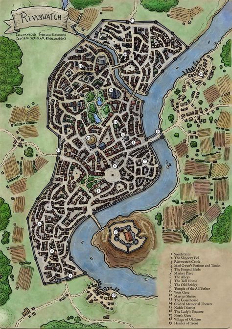 Another hand drawn DnD City Map from me. Still practicing colouring in PS so all feedback welcome! Dnd City, Pathfinder Maps, Fantasy City Map, Fantasy Map Making, Village Map, Map Layout, Dnd World Map, Fantasy Town, Fantasy World Map