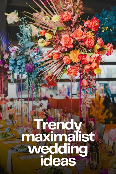 Funky Wedding Venues, Maximalist Wedding Flowers, Maximalist Decor Wedding, Colorful Maximalist Wedding, Weird Wedding Themes, Costume Wedding Theme, Eclectic Wedding Theme, Unique Wedding Themes Creative, Wedding Maximalism