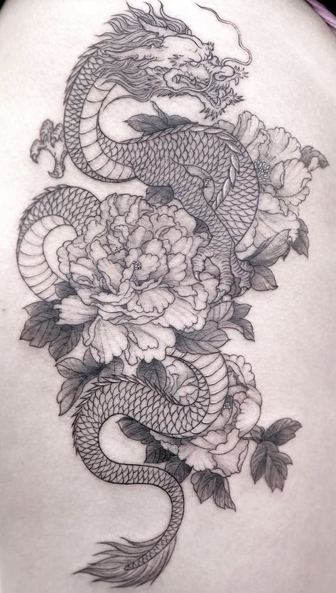 Dragon And Cherry Blossom Tattoo Thigh, Japanese Dragon Hip Tattoo, Dragon With Peonies Tattoo, Japanese Dragon Back Tattoo For Women, Chinese Dragon With Flowers Tattoo, Dragon Peony Tattoo, Dragon With Lotus Flower Tattoo, Dragon And Peony Tattoo, Dragon With Roses Tattoo