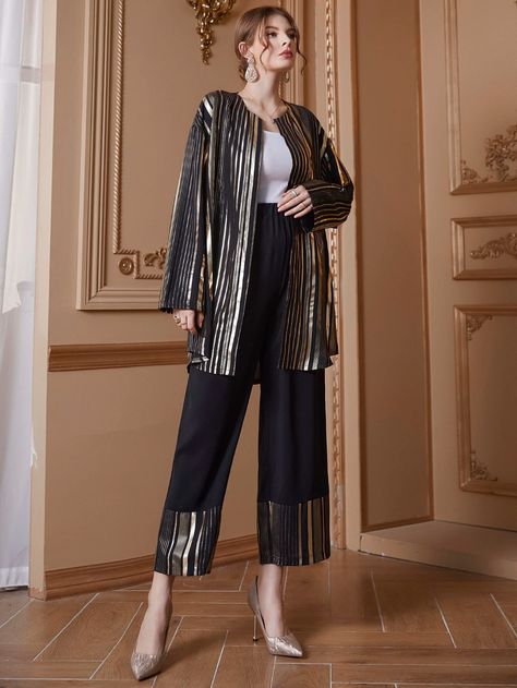 Gold Striped Drop Shoulder Open Front Belted Coat & Wide Leg Pants | SHEIN USA Designer Party Wear Dresses, Co Ords, Belted Coat, Gold Stripes, Party Wear Dresses, Two Piece Outfit, Wide Leg Trousers, Front Open, Drop Shoulder