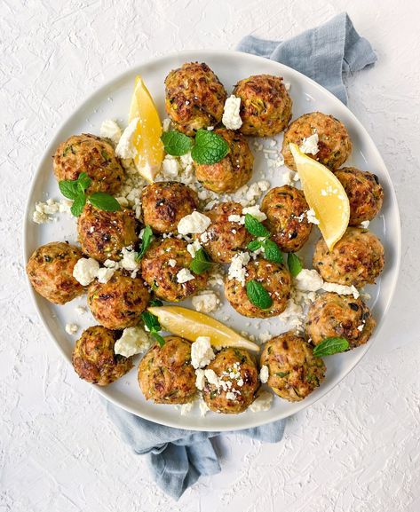 Greek Inspired Chicken and Zucchini Meatballs — forlemonsake Crockpot Zucchini, Greek Turkey Meatballs, Chicken And Zucchini, Zucchini Meatballs, Recipe For Chicken, Meatballs Easy, Whipped Feta, Healthier Recipes, Fresh Oregano