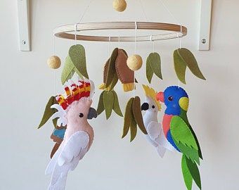 Mobile Birds, Boy Animal Nursery, Bird Nursery Decor, Sheep Mobile, Australian Animal Nursery, Australian Nursery, Baby Mobile Felt, Bird Nursery, Felt Animal Patterns