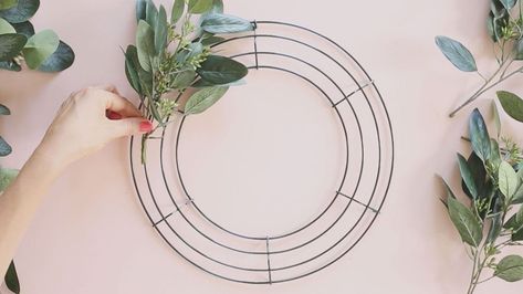 Decorate your home for every season with this simple DIY wreath.  The artificial eucalyptus base is timeless and with the addition of seasonal si… Hard To Find 40" Wire Wreath Base, Wreath Making Tutorials, Diy Floral Wreath, Floral Crafts, Silk Flower Wreaths, Artificial Eucalyptus, Metal Wreath Frame, Wire Wreath Forms, Wreath Base