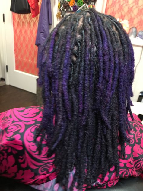 Black And Purple Locs Black Women, Locs With Purple Tips, Dark Purple Locs Black Women, Black And Purple Locs, Dark Purple Locs, Dreadlocks Dyed, Purple Locs Black Women, Loc Dye, Black Hair Locs