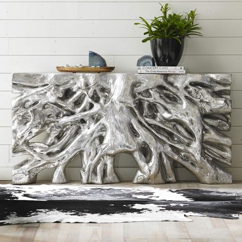 How to Make Your Home Look Like a Million Bucks Root Console Table, Mirror Buffet, Silver Console Table, Square Roots, Branch Design, Phillips Collection, Aluminum Table, Living Room Cabinets, Wood Console Table