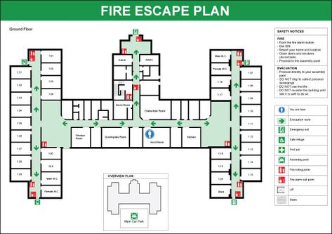 Notes: good color/hue coding, includes safety notices, and evacuation notes, not sure how to layer this with severe weather map?, no door swings included Fire Exit Plan, Height Chart Diy, Fire Escape Plan, Map Signage, Emergency Evacuation Plan, School Floor Plan, Fire Exit, Evacuation Plan, House Outer Design