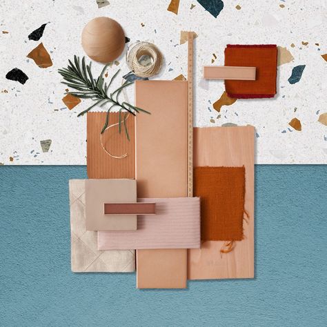 Finish Palette Interior Design, Terracotta Blue Interior, Terracotta Blue Bathroom, Terracotta Material Board, Mediterranean Interior Design Color Palette, Blue And Terracotta Bathroom, Blue And Red Moodboard, Blue Material Board, Terracotta Mood Board