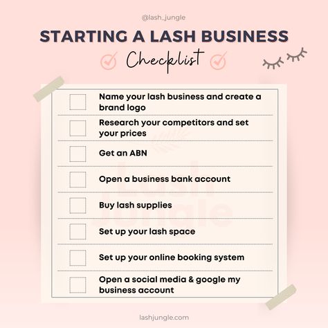 Eyelash Extension Information, Lash Extensions Business Checklist, Lash Tech Certification, Start Lash Extension Business, Lash Business Start Up, Lash Extension Advertising Ideas, Lash Business Planner, Eyelash Extensions Business Ideas, Prep For Lash Appointment