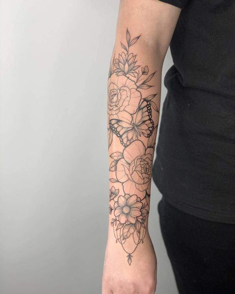 Top 49 Best Flower Tattoo Sleeve Ideas - [2021 Inspiration Guide] Outer Forearm Tattoo, Forearm Flower Tattoo, Triangle Tattoos, Tattoo Inspiration Men, Omerta Tattoo, Floral Tattoo Sleeve, Flower Sleeve, Forearm Tattoo Women, Flower Tattoo Sleeve