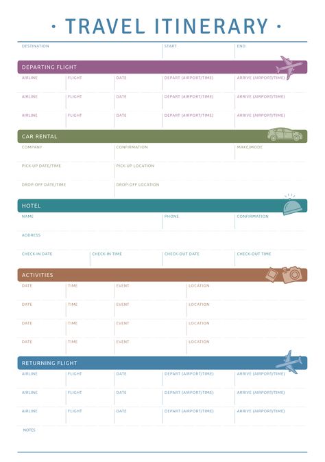 This printable travel itinerary template will be good if you plan to trip by plane, rent a car and stay in hotels. Sections available in this template: Destination, Start/End Departing Flight, Car Rental, Hotel, Activities, Returning Flight  #travelplanner #itineraryplannertemplate #travelersnotebook #printables #printable Flight Planning, Trip Itenary Template, Vacation Itenary Template, Itenary Template, Trip Itinerary Template, Travel Itenary Template, Travel Template, Itinerary Template Free, Trip Planning Template