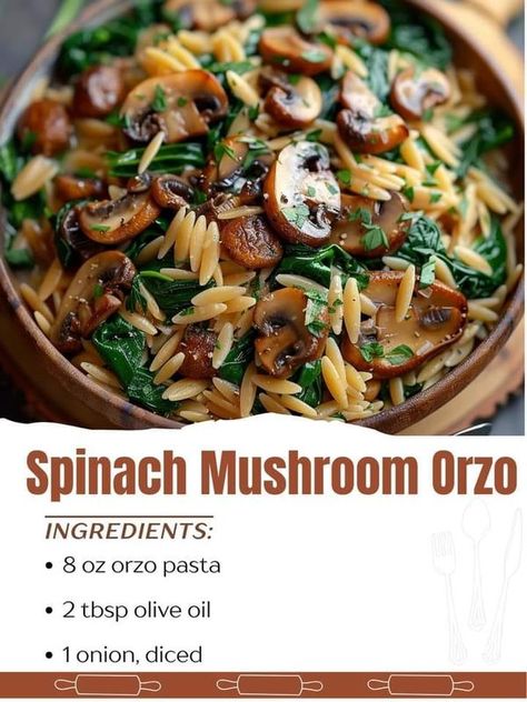 WORLDS BEST TASTY RECIPES | Spinach Mushroom Orzo | Facebook Spinach Mushroom Orzo Recipes, Mushroom Orzo, Orzo Pasta Recipes, Pasta Salad With Spinach, Recipes Spinach, Mushroom Recipes Pasta, Spinach Mushroom, Mushroom Salad, Orzo Recipes