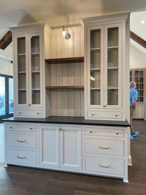 Kitchen Hutches Ideas Farmhouse Style, Built In Buffets In Dining Room, Hutches In Kitchen, Dining Room Hutches, Dressers In Kitchen Ideas, Cabinet Hutch, Kitchen Buffet Wall, Dinning Room Wall Cabinet, Kitchen Cabinet Hutch