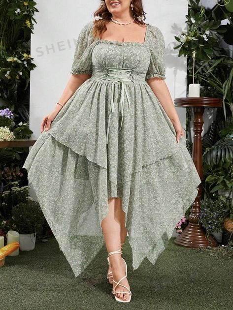 SHEIN MOD Plus Size Square Neckline Romantic Asymmetrical Hem Vacation Dress | SHEIN USA Plus Size Cottagecore Fashion, Plus Size Cottagecore, Cottagecore Plus Size, Alzheimer's Prevention, Rush Outfits, Plus Size Kleidung, Vacation Dresses, Ditsy Floral, Plus Size Dress