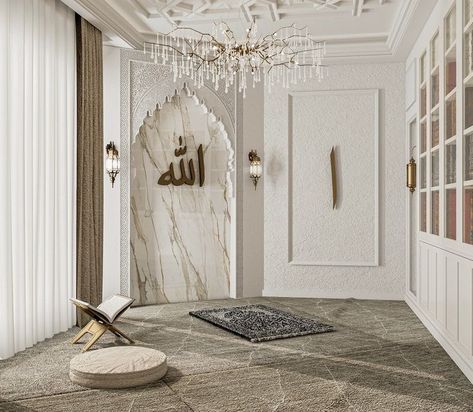 Mosque Room In Home, Islam Room Aesthetic, Bilik Solat Di Rumah, Musolla Room, Islam Home Decor, Pray Room Design, Islamic Interior Design Bedroom, Namaz Room Ideas, Praying Room Ideas Muslim