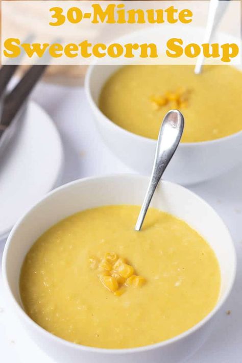 30-Minute sweetcorn soup is a delicious creamy and healthy budget soup. This quick and easy recipe uses frozen sweetcorn to reduce the cooking time. #neilshealthymeals #sweetcornsoup #frozensweetcorn #frozensweetcornsoup #cornsoup Sweetcorn Soup Recipes, Sweetcorn Soup, Fall Coffee Recipes, Chicken And Sweetcorn Soup, Chicken Corn Soup, Corn Soup Recipes, Sweet Corn Soup, Quick Healthy Lunch, Healthy Budget