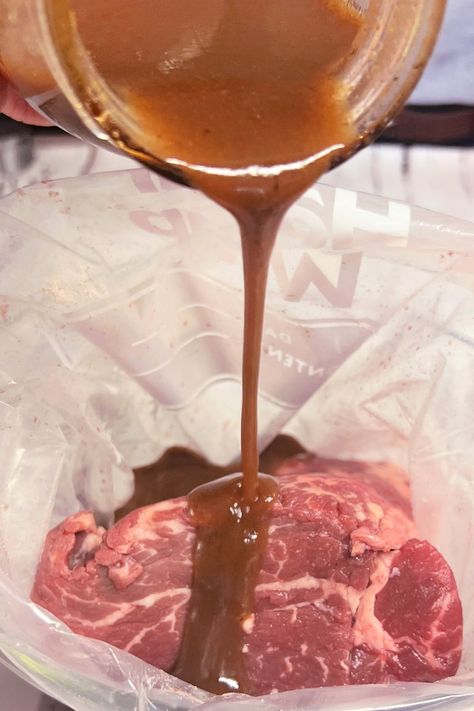 Pouring-Beef-Marinade Marinate Roast Beef, Marinate Fillet Mignon, Filet Mignon Recipes Grilled Marinade, Beef Tenderloin Recipes Grilled Marinade, Marinated Filet Mignon, Tenderloin Marinade Beef, Beef Tenderloin Rub Recipe, Marinade For Filet Mignon Steaks, Beef Tenderloin Marinade Recipes