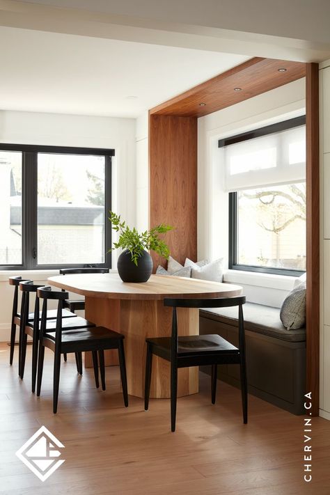 Custom dining room banquette in window space with walnut framing around the window. Window Bench Dining Table, Dining Table Next To Window, Dining Room With Bench Against Wall, Dining Room Built In Bench, Dinning Room Bench, Tall Pantry Cabinets, Window Dining Room, Mcm Dining Room, Dining Room Banquette