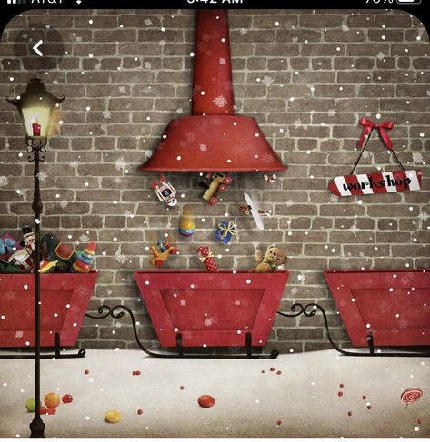 Interesting Windows, Santa Workshop, Gingerbread House Candy, Christmas Backdrops For Photography, Christmas Sled, Christmas Photography Backdrops, Santa's Workshop, Office Christmas Decorations, Christmas Backdrops