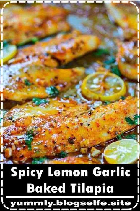 Spicy Lemon Garlic Baked Tilapia -  This Spicy Lemon Garlic Baked Tilapia takes all of 5 minute of preparation time before you pop it in the oven. #recipes #healthyrecipes #tilapia #seafood Tilapia Dinner, Baked Tilapia Recipes, Soup Seafood, Boil Seafood, Dinner Seafood, Garlic Baked, Pasta Seafood, Tilapia Fish Recipes, Fish Recipes Baked