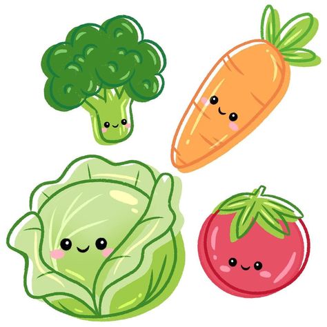 Vegetables Cute Drawing, Kawaii Vegetables Drawing, Cute Fruit And Vegetables Illustration, Cute Vegetables Cartoon, Cute Drawings Of Fruit, Cute Veggie Drawings, How To Draw Broccoli, Cartoon Fruit Drawing, Tomato Cute Drawing