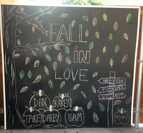 "fall in love" chalkboard look with a tree losing its multicolored leaves, "carved" pumpkins with my family's names in them plus the name of my friend that helped me do the art, a street fork marking "hay-ride", "pumpkins" (pointing to the craved pumpkins) and "Villano's" (My last name pointing towards my house) this so far is my favorite chalkboard I've made. Fall In Love Chalkboard, Fall Chalkboard Art, Fall Chalkboard, Hay Ride, Carved Pumpkins, Fall Party, Chalkboard Art, My House, My Last