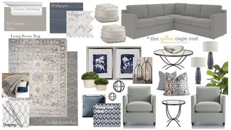 Navy and Gray Transitional Style Living Room and Family Room Navy Blue And Grey Living Room, Grey Family Rooms, Blue Family Rooms, Blue Grey Living Room, Transitional Style Living Room, Living Room Mood Board, Yellow Cape Cod, Room Mood Board, Living Room Gray