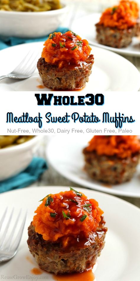 These Whole30 meatloaf sweet potato muffins are nut-free, Whole30, gluten-free and Paleo! They can also be made ahead and frozen until you need them. Whole 30 Meatloaf Muffins, Whole30 Meatloaf, Home Interior Kitchen, Whole30 Beef, Inflammatory Meals, Sweet Potato Toppings, Gf Meals, Potato Muffins, Immunity Boost