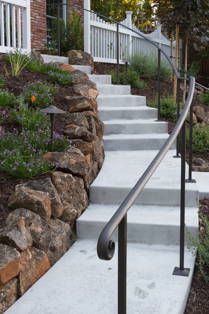 Orinda 5 - Traditional - Landscape - San Francisco - by Garden Nest Residential Landscape | Houzz Outdoor Railings For Steps, Step Railing Outdoor, Wrought Iron Railing Exterior, Iron Railings Outdoor, Outdoor Railing, Exterior Railings, Porch Handrails, Exterior Handrail, Retaining Wall Ideas