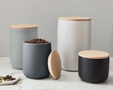 10 Food Storage Containers You'll Want To Have On Hand | Hunker Spice Rack Design, Coffee Filter Holder, White Canisters, Kitchen Trends, Kitchen Canisters, Kitchen Jars Storage, Storage Jars, Bedding Shop, Maple Wood