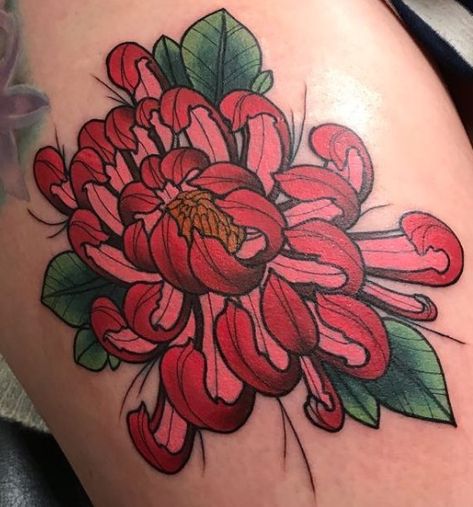 Chrysanthemum Jolene Tattoo, Crysantenum Tattoo, Red Chrysanthemum Tattoo, 2023 Tattoo, Sick Tattoos, Chrysanthemum Tattoo, Sick Tattoo, Tattoo Portfolio, Color Tattoo