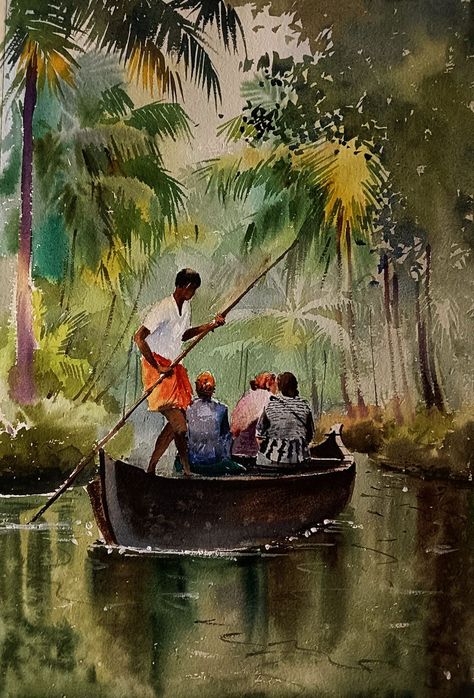 Watercolor Scenery Painting, Village Scene Drawing, Drawing Scenery, Watercolor Scenery, Watercolor Art Landscape, Watercolor Paintings Nature, Art Village, Kerala Tourism, Scenery Paintings