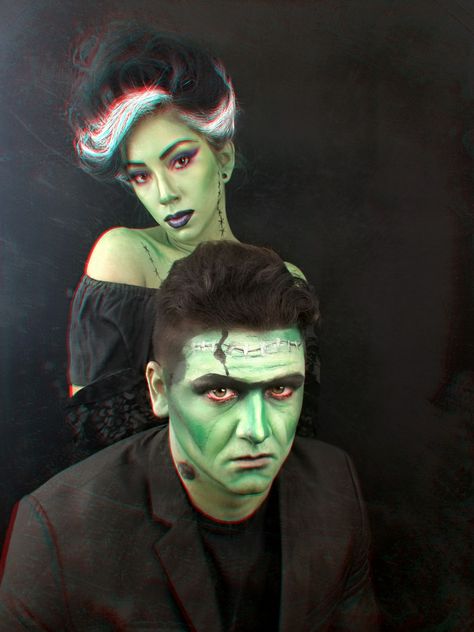 Couples Face Paint, Halloween Costumes Dark Hair, Frankenstein Face Paint, Halloween Costumes Dark, Frankenstein Halloween Makeup, Bride Of Frankenstein Makeup, Frankenstein And His Bride, Frankenstein Makeup, Ideas Disfraz