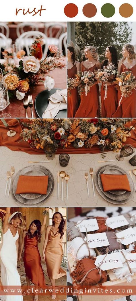 Rust Wedding Ideas, Orange Wedding Themes, Rust Wedding, Orange Wedding Colors, Fall Wedding Color Schemes, Rusting Wedding, Wedding Color Scheme, Bronze Wedding, Burnt Orange Weddings