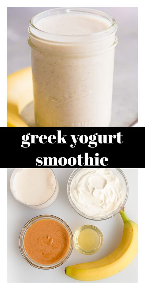 Peanut butter Banana Smoothie with Greek Yogurt is a go-to breakfast on-the-go in our house! It is full of flavor, not too-sweet, and packed with protein. This Greek Yogurt smoothie is the perfect start to your day and will keep you full until lunchtime! Smoothie With Greek Yogurt, Yogurt Protein Shake, Greek Yogurt Smoothie Recipes, Yogurt Smoothie Bowl, Banana Yogurt Smoothie, Greek Yogurt Oatmeal, Peanutbutter Smoothie Recipes, Fitness Ebook, Greek Yogurt And Peanut Butter