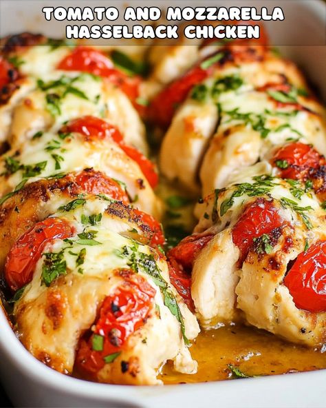 Tomato & Mozzarella Hasselback Chicken Chicken Stuffed With Mozzarella, Hasselback Chicken, Easy To Make Dinners, Mozzarella Recipes, Mozzarella Chicken, Chicken Stuffed, Tomato Mozzarella, Oven Chicken, Balsamic Glaze