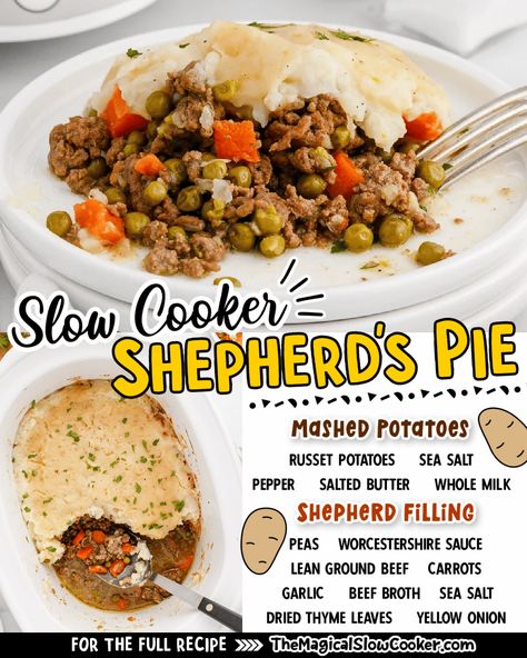 Slow Cooker Shepherd's Pie is the perfect way to enjoy a classic comfort food your whole family is sure to love. It's made with ground beef, carrots, peas, and a few other common ingredients all packed with a helping of mashed potatoes on top. This is sure to become one of your favorite recipes! Ground Beef Carrots, Garlic Beef, Shepherd's Pie, Shepherds Pie, Crockpot Meals, Salted Butter, Crock Pot, Main Course, Cooking Time