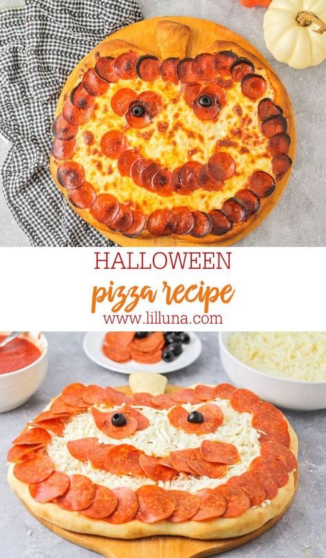 This delightful Halloween pizza is shaped like a smiling jack-o-lantern, perfect for all of your spooky festivities! #halloweenpizza #halloween #pizza #pepperonipizza Halloween Pizza Recipes, Ghost Pizza, Fall Pizza, Halloween Pizza, Fun Halloween Food, Halloween Food Treats, Holiday Favorite Recipes, Pizza Stone, Fair Food Recipes