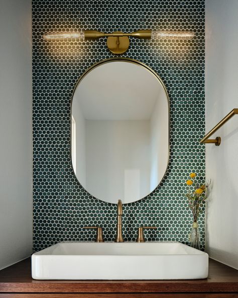 Penny round mosaic tiles are often used for shower floors, but how about this penny tile backsplash?!  We love an outside the box application 💚
.
#PennyTile #CatalystAustin #BathroomRemodeling
https://catalystaustin.com/bathroom-remodeling-services/ Penny Tile Shower Floor, Penny Round Tile Bathroom, Penny Tile Bathroom Floor, Penny Tile Backsplash, Penny Tiles Bathroom, Bathtub Enclosures, Tub To Shower Conversion, Shower Conversion, Powder Bathroom