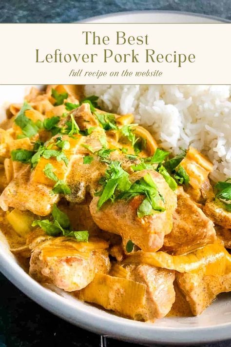 An easy pork stroganoff recipe is the best way to use up leftover pork - a delicious cremy sauce with mushrooms and leeks and ready in just 15 minutes. Pork Stroganoff Recipe, Pork Stroganoff, Leftover Pork Recipes, Veal Recipes, Leftover Pork, Pork Fillet, Meat Recipes For Dinner, Easy Meat Recipes, Stroganoff Recipe