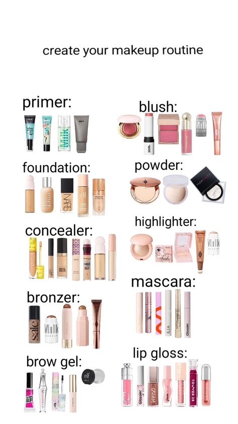 create your makeup routine! #makeuproutine #makeup #shuffles Make Up Best Products, Good Quality Makeup Products, Makeup Products Essential, Makeup Products Tutorials, Best Makeup Products For Natural Look, Make Up Recommendations, Perfect Makeup Routine, Cheap Makeup Must Haves, Make Up List