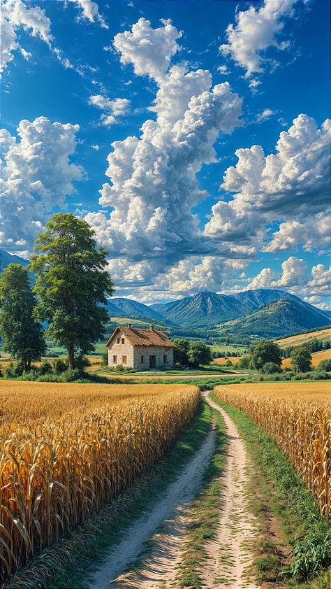 Corn Field Painting, Nature Cottage, Corn Fields, Seeking Peace, Corn Field, Mountain Backdrop, Colossal Art, Dirt Road, Beautiful Locations Nature