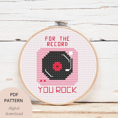 Foo Fighters Cross Stitch, Music Cross Stitch Patterns, Record Cross Stitch, Stitch Vinyl, Vinyl Embroidery, Funny Cross Stitch, Cross Stitch Tutorial, Funny Cross Stitch Patterns, For The Record