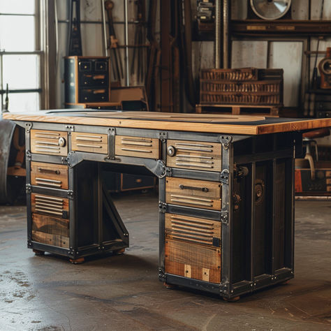 VINTAGE INDUSTRIAL WORKBENCH CONCEPT,  HOME DECOR IDEAS, DECOR IDEAS Vintage Industrial Desk, Industrial Workbench, Industrial Desk, Desk Ideas, Concept Home, Wood Plans, Dieselpunk, Vintage Industrial, Diy Woodworking