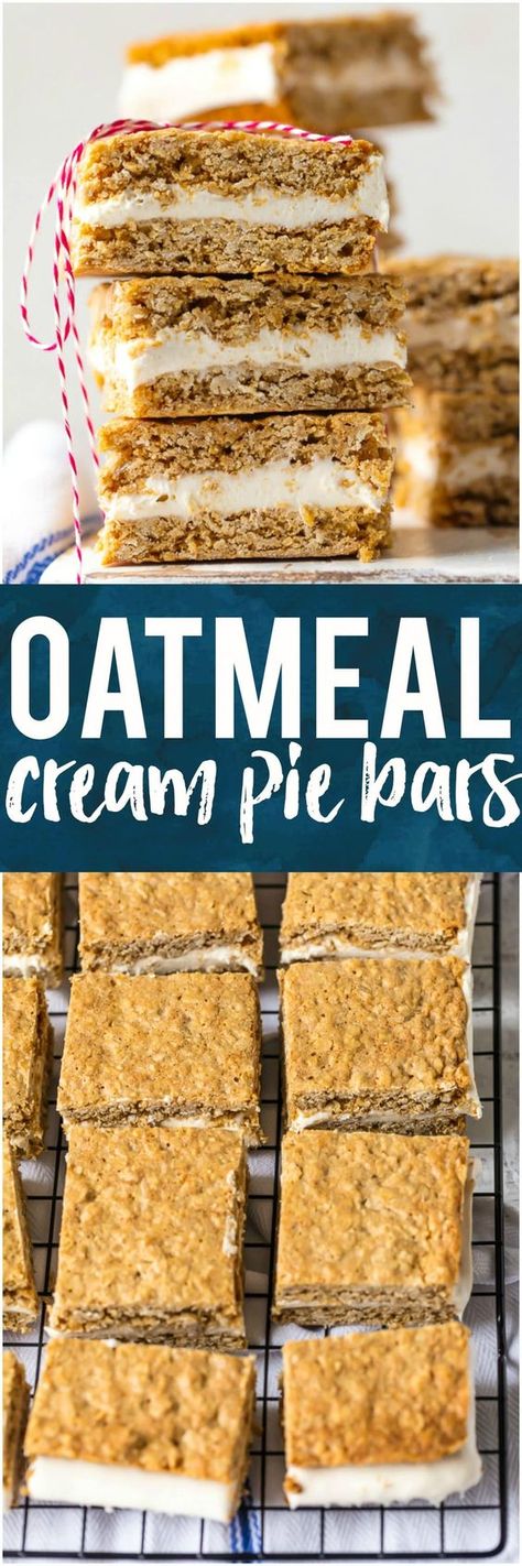 These OATMEAL CREAM PIE BARS are an adult version of a childhood favorite. My dad loves the little Debbie version; I should make him these! Homemade Oatmeal Cream Pie, Homemade Marshmallow Cream, Cookies Marshmallow, Oatmeal Cream Pie, Chewy Oatmeal Cookies, Homemade Marshmallow, Cream Icing, Oatmeal Cream Pies, Homemade Oatmeal