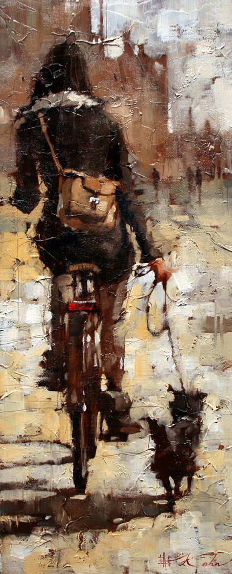 The City Gal Giclee 24" x 10" Andre Kohn Painting, Andre Kohn Art, Andre Kohn Fine Art, Andre Kohn, Riding A Bike, Bicycle Art, Bike Art, Art Auction, Figure Painting