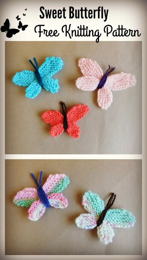 Knitted Butterfly Free Pattern Easy, Simple Knitted Flower Pattern, Knit Butterfly Pattern, Flowers Knitting Pattern, Knit Barret, Small Knitted Flowers Free Pattern, Butterfly Knitting Pattern, Knitted Butterfly Free Pattern, Butterfly Knitting Pattern Free