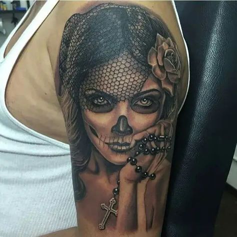 Day of the Dead Tattoo Collection (Dia de Los Muertos) - Design Press Mexican Tattoo, Catrina Tattoo, Skull Girl Tattoo, Skull Sleeve Tattoos, Skull Sleeve, Sugar Skull Girl, Sugar Skull Tattoos, Geniale Tattoos, Pin Up Tattoos