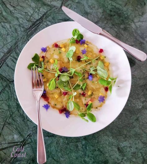 Halibut Crudo with Leche de Tigre – Food Charmer Spring Peas, Golden Beets, Fusion Restaurant, Time Change, Breakfast And Brunch, Marinade Sauce, Brunch Spots, Edible Flowers, Santa Barbara